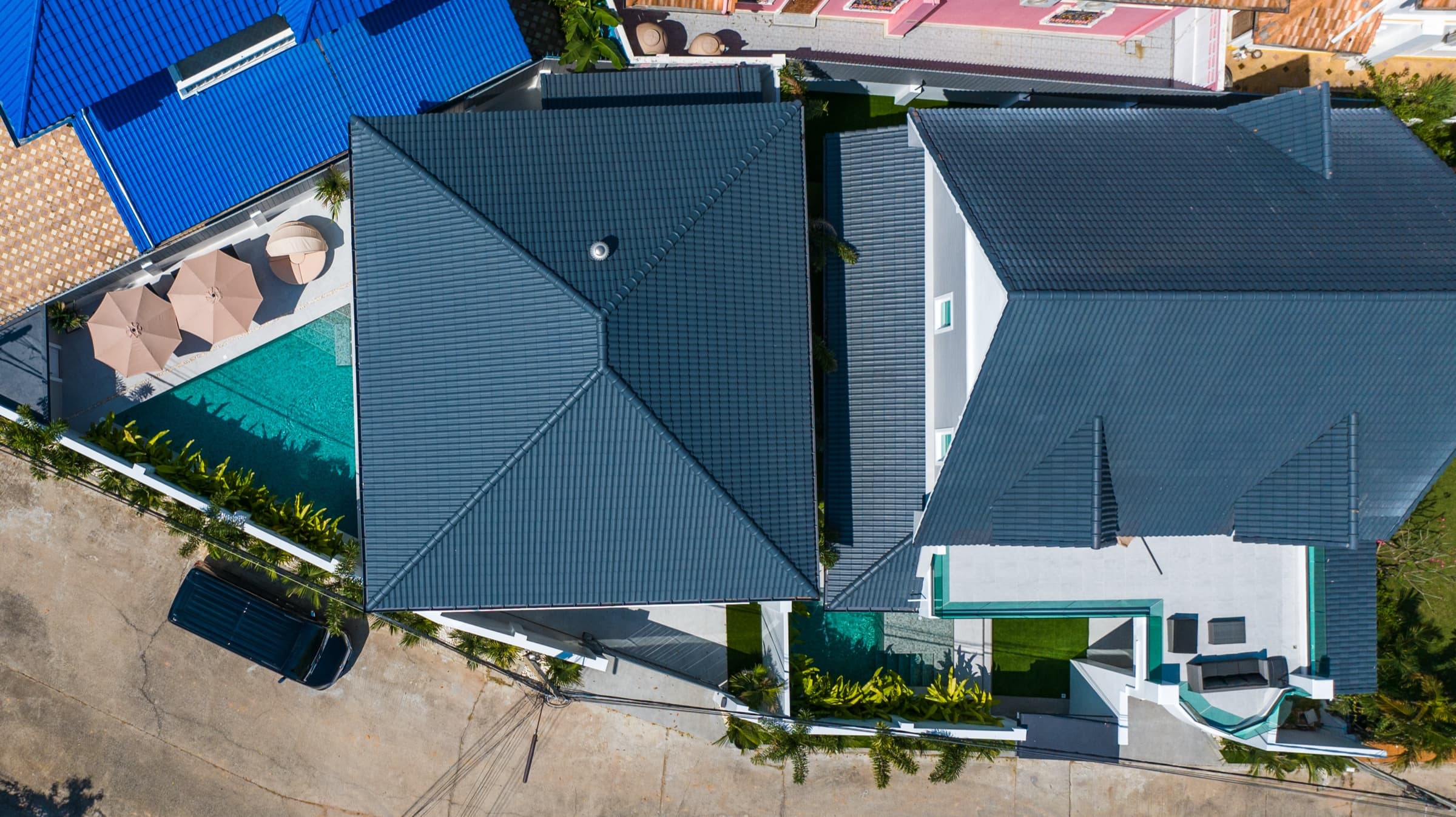 Villa Azure compound pool — a private base for a Songkran group trip to Pattaya.